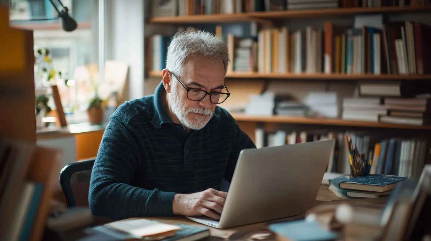 Active senior man working confidently at laptop in bright home office surrounded by books