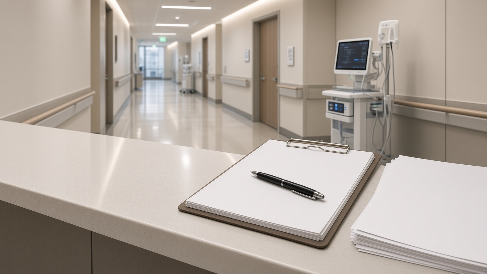 A counter in the corridor of a care facility with a clipboard holding a thick stack of blank letter-size pages, a black pen lying across it and a second loose stack of pages beside it, the corridor with its handrails receding out of focus behind