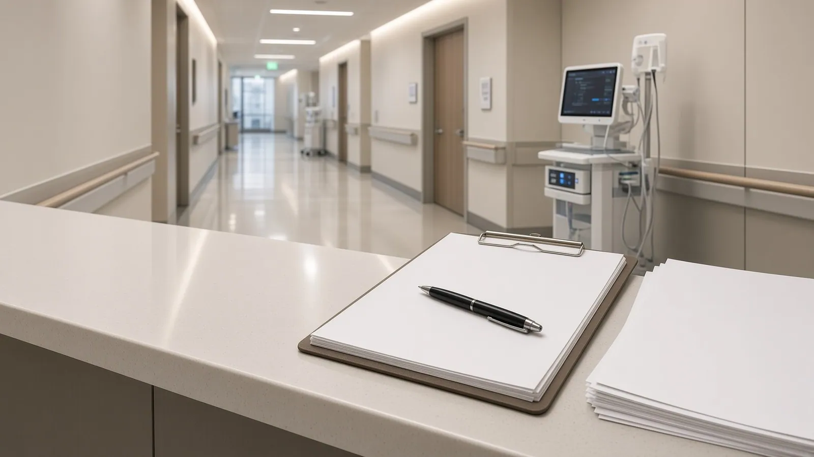 A counter in the corridor of a care facility with a clipboard holding a thick stack of blank letter-size pages, a black pen lying across it and a second loose stack of pages beside it, the corridor with its handrails receding out of focus behind