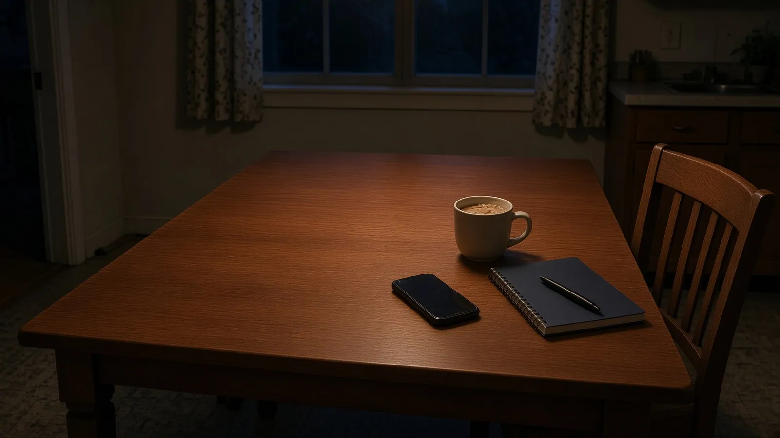 A kitchen table before dawn under a single lamp, a dark-screened phone lying on the wood, a mug of coffee gone cold, a closed spiral notebook with a pen across it, and a wooden chair standing empty at the end of the table