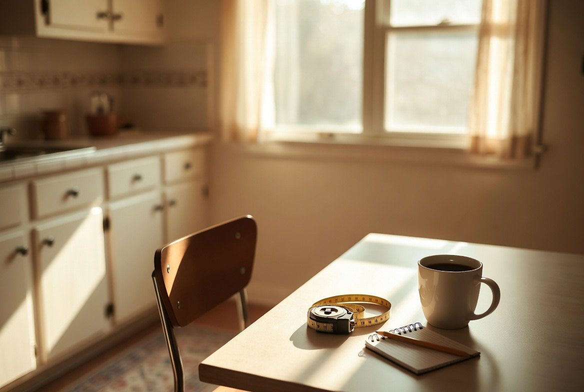 A sunlit kitchen table with a mug of coffee, a steel tape measure and a spiral notepad with a pencil on it, an empty chair pulled up beside it