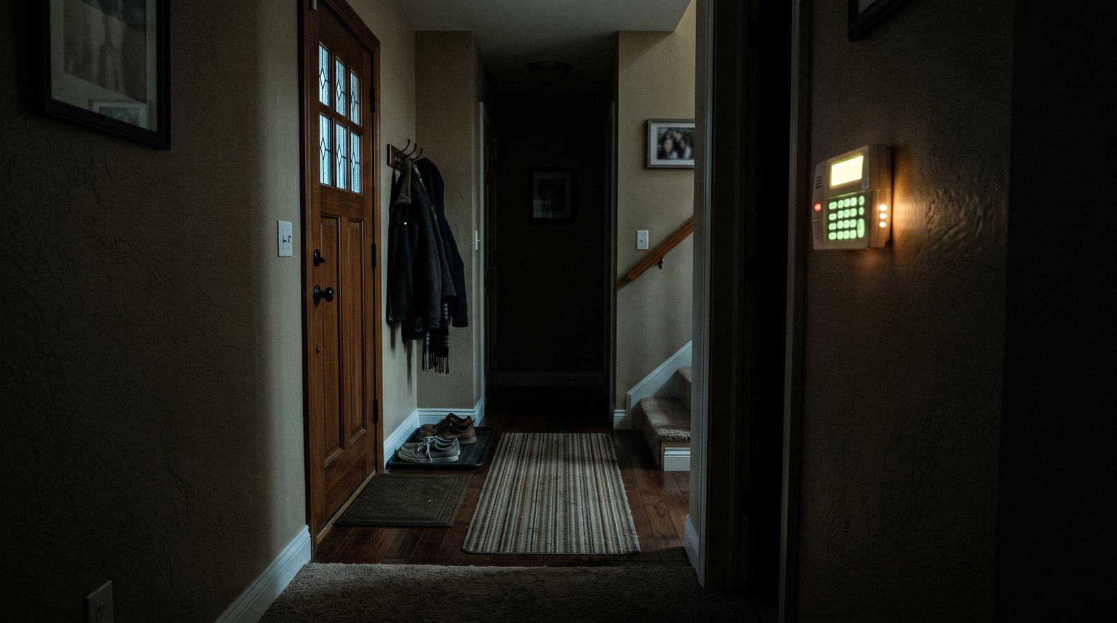 A dark hallway at night lit only by the glow of a wall-mounted alarm keypad, with the front door, a coat hook and a runner rug in shadow