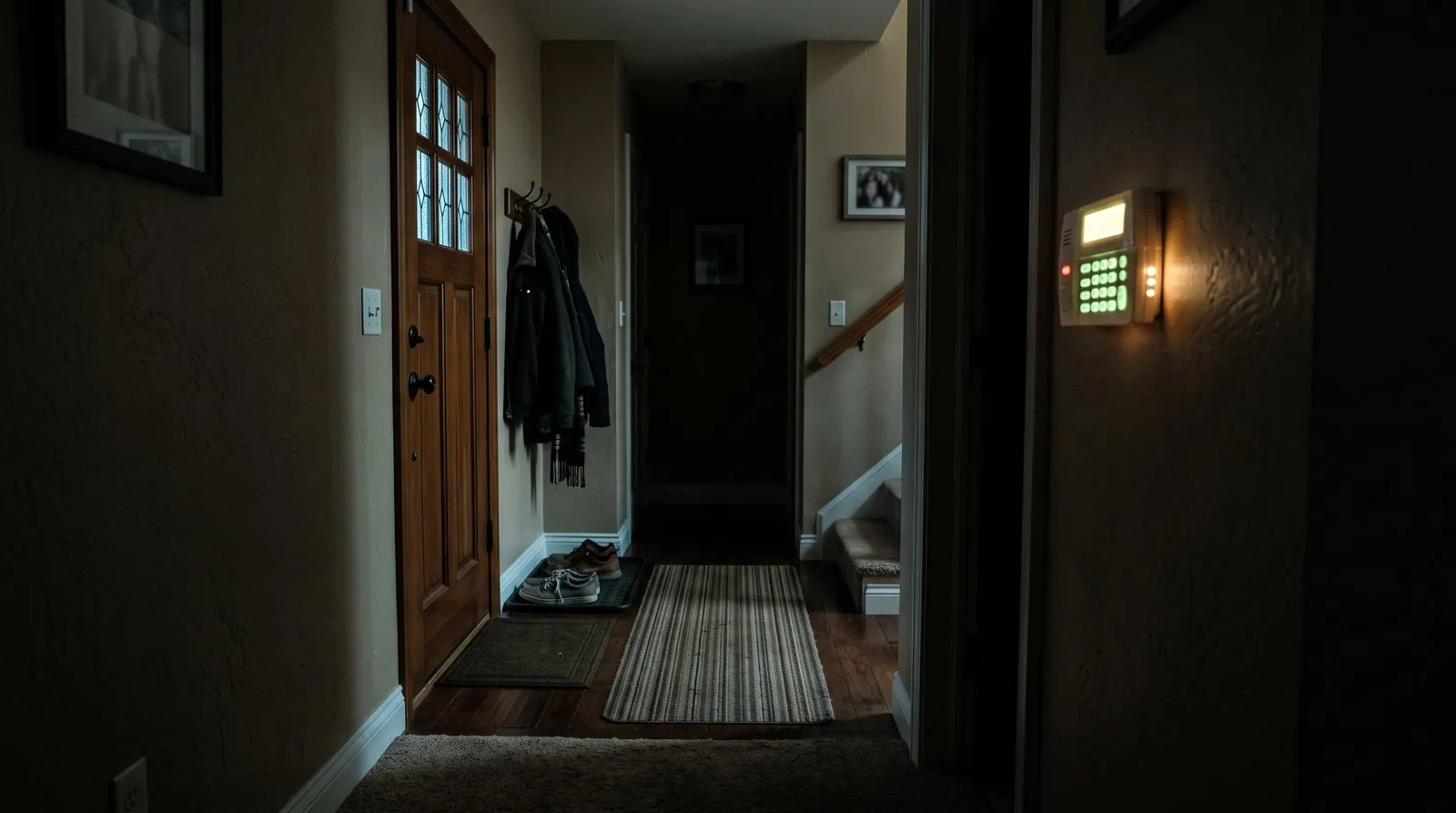 A dark hallway at night lit only by the glow of a wall-mounted alarm keypad, with the front door, a coat hook and a runner rug in shadow