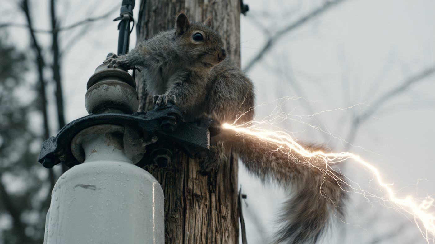 Gray squirrel on a ceramic insulator on a utility pole with electrical arcing from contact with energized equipment