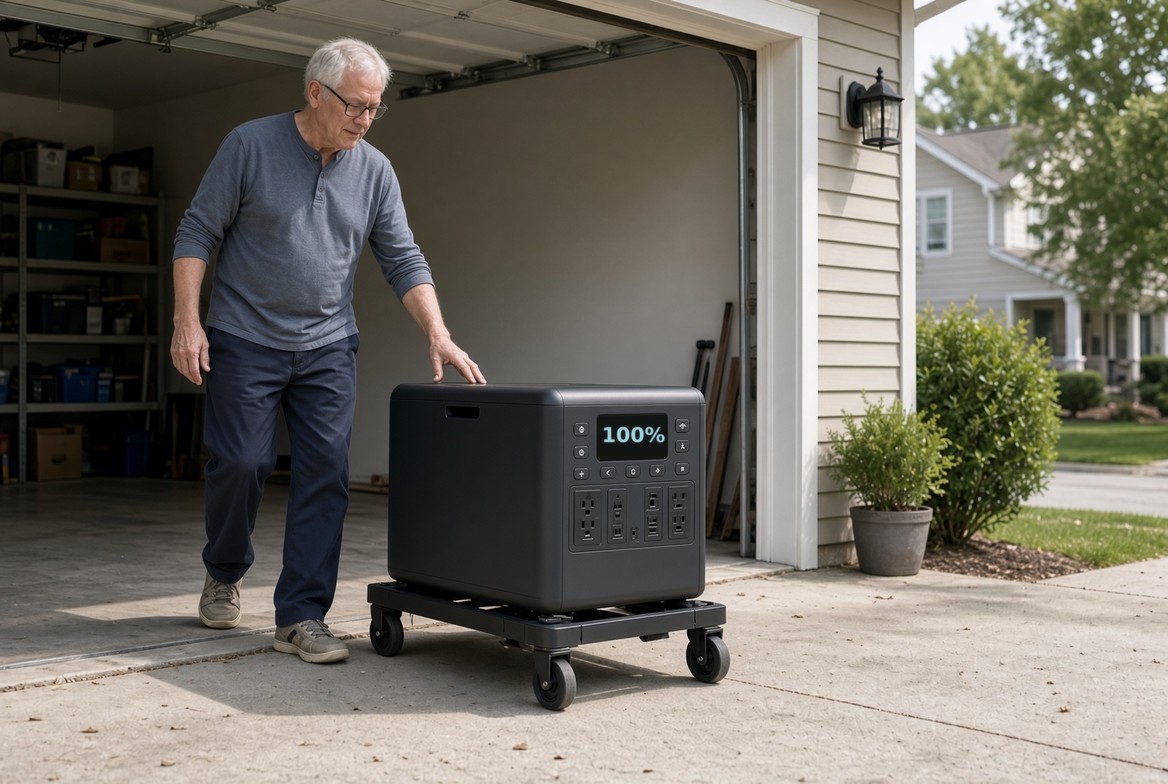 An older man with one hand on a large wheeled lithium power station in an open garage doorway, its display reading one hundred percent