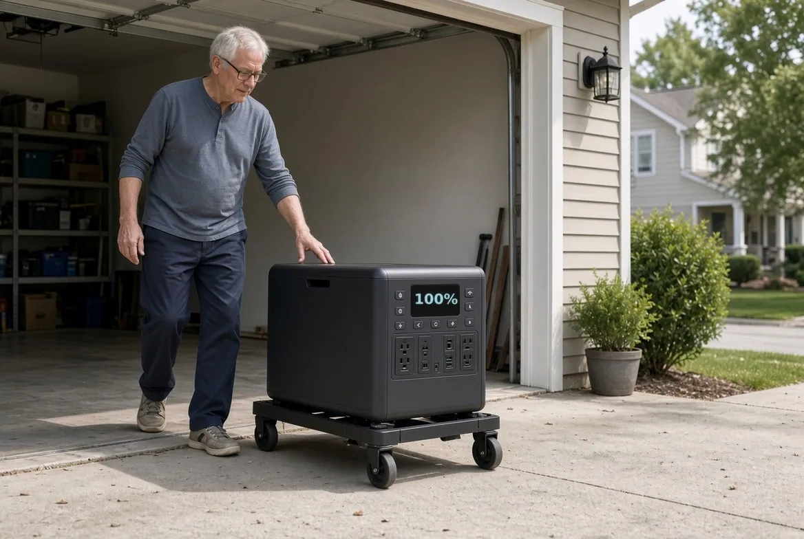An older man in a grey shirt stands in the open door of his garage with one hand resting on a large black backup battery unit on a wheeled dolly, its screen reading 100 percent, with a quiet suburban street behind him