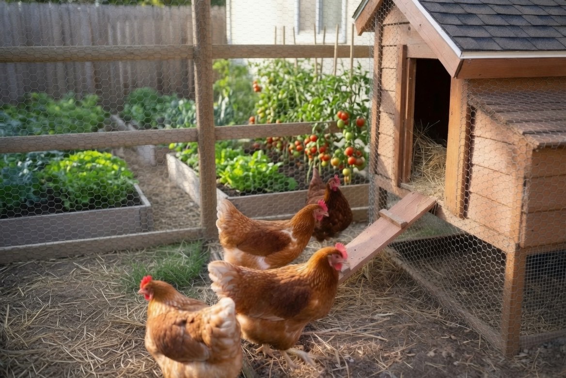 Four brown laying hens in a fenced backyard run beside a small wooden coop with a ramp, raised vegetable beds of tomatoes and greens behind the wire