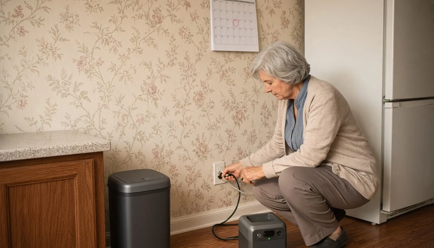 A silver-haired woman in a cardigan crouches beside her refrigerator in a wallpapered kitchen, plugging the cord of a small power station into the wall outlet, with a calendar on the wall above her and one date circled