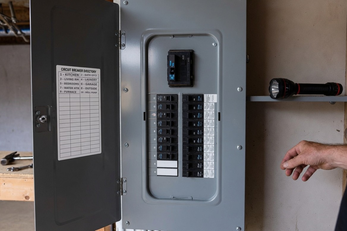 An open residential breaker panel on a garage wall, its door swung back showing a filled-in circuit directory card listing kitchen, living room, bedrooms, water heater and furnace, with a flashlight on the shelf beside it