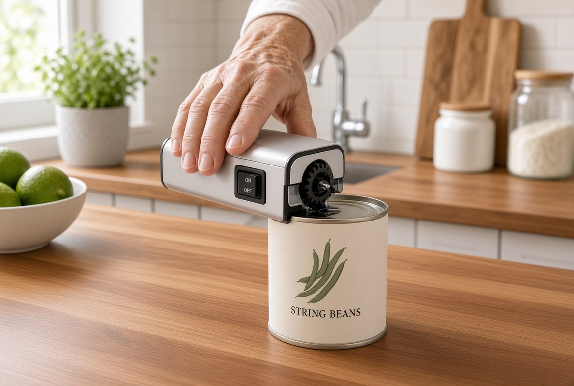 An older hand resting lightly on top of an electric can opener as it cuts around the rim of a tin on a wooden kitchen counter