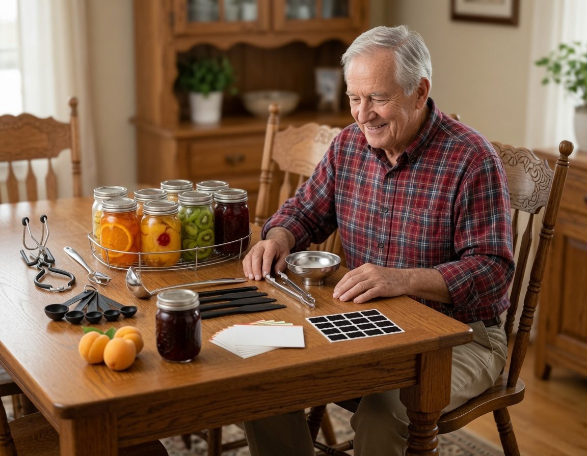An older man at his wooden dining table with canning gear laid out — jar lifter, funnel, ladle, measuring spoons, label stickers — beside a rack of jars filled with colorful preserved fruit