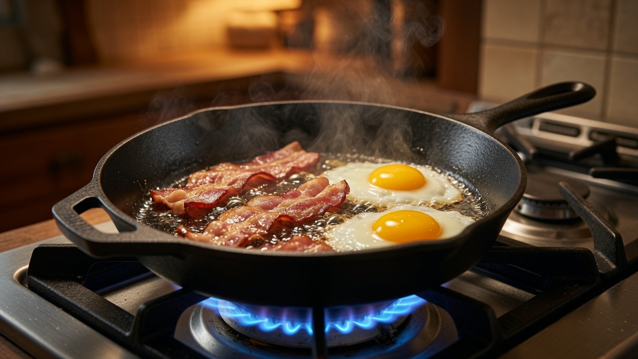 A black cast iron skillet on a lit gas burner, frying strips of bacon beside two sunny-side-up eggs with steam rising, in a warm kitchen