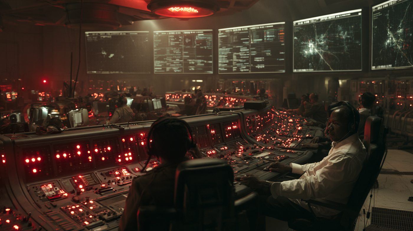 Power grid emergency control room with operators at consoles and red warning lights on all screens during a grid failure