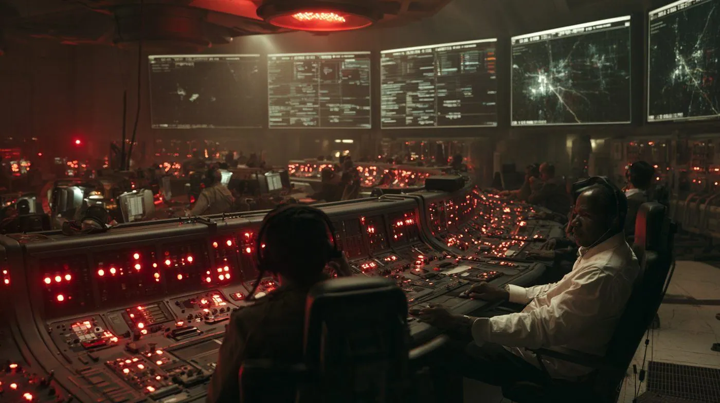 Power grid emergency control room with operators at consoles and red warning lights on all screens during a grid failure
