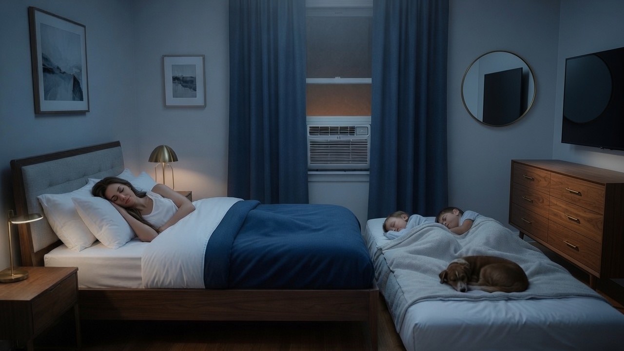 A mother asleep in bed and two children asleep on a floor mattress beside her with the family dog, in one cool blue-lit room, a window air conditioner running while the heat glows orange outside the curtains