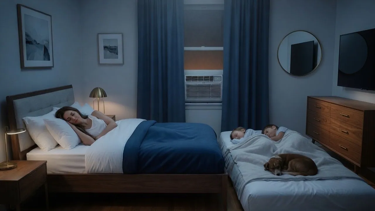 A mother asleep in bed and two children asleep on a floor mattress beside her with the family dog, in one cool blue-lit room, a window air conditioner running while the heat glows orange outside the curtains