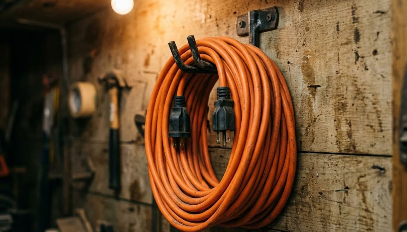 A heavy orange extension cord coiled on a wall hook in a warm garage workshop