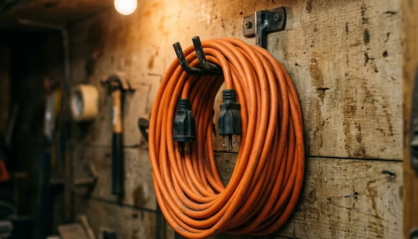 A heavy orange extension cord coiled on a wall hook in a warm garage workshop