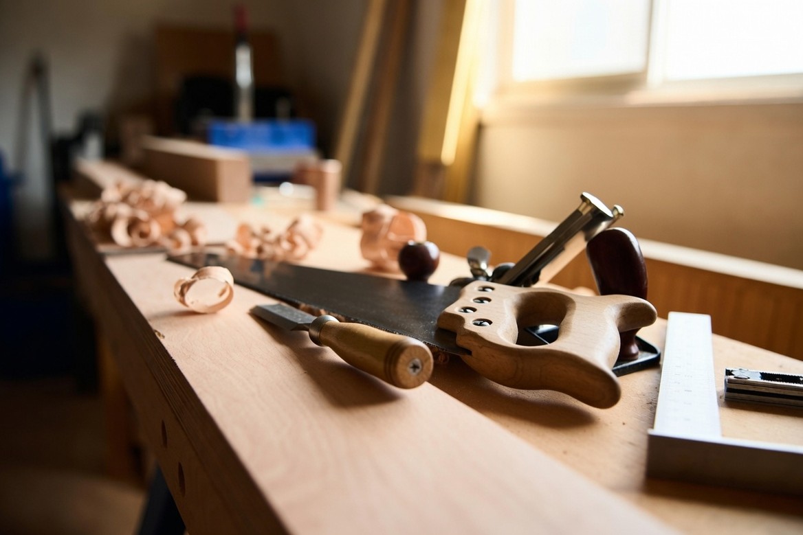 A wooden workbench in warm daylight with a hand saw laid across a board, a wooden-handled chisel and a hand plane beside it, curled shavings on the bench and a steel rule at the edge
