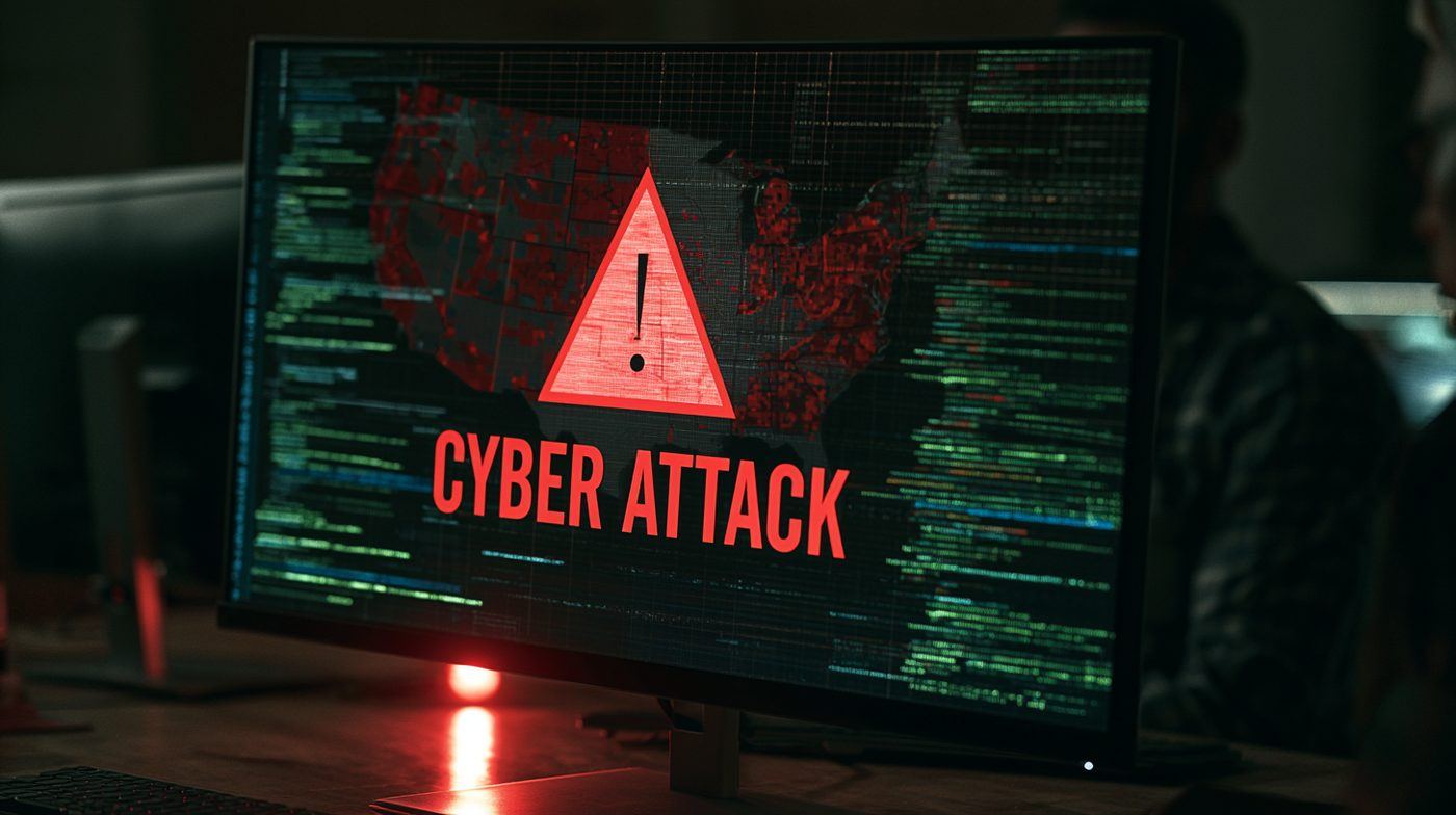 Computer monitor showing CYBER ATTACK warning over a US power grid map with red alert indicators