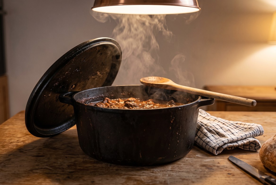 A seasoned cast iron dutch oven of stew steaming on a wooden kitchen table with its lid propped against it, a wooden spoon across the rim and a loaf of bread alongside
