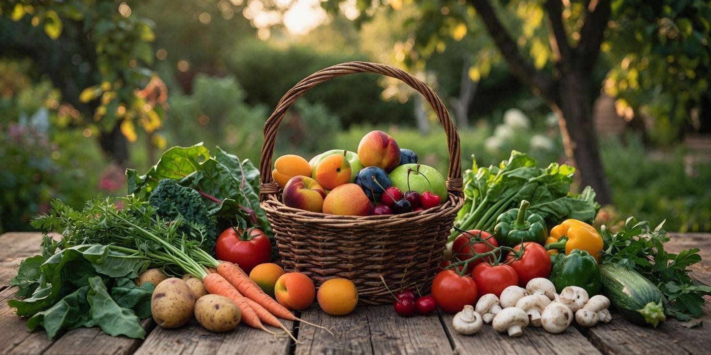 Basket of fresh-picked fruit and vegetables on a wooden table in a backyard orchard garden