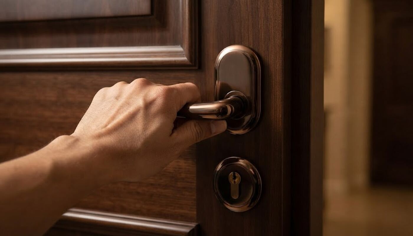 A hand pressing down a lever door handle on a dark wood door