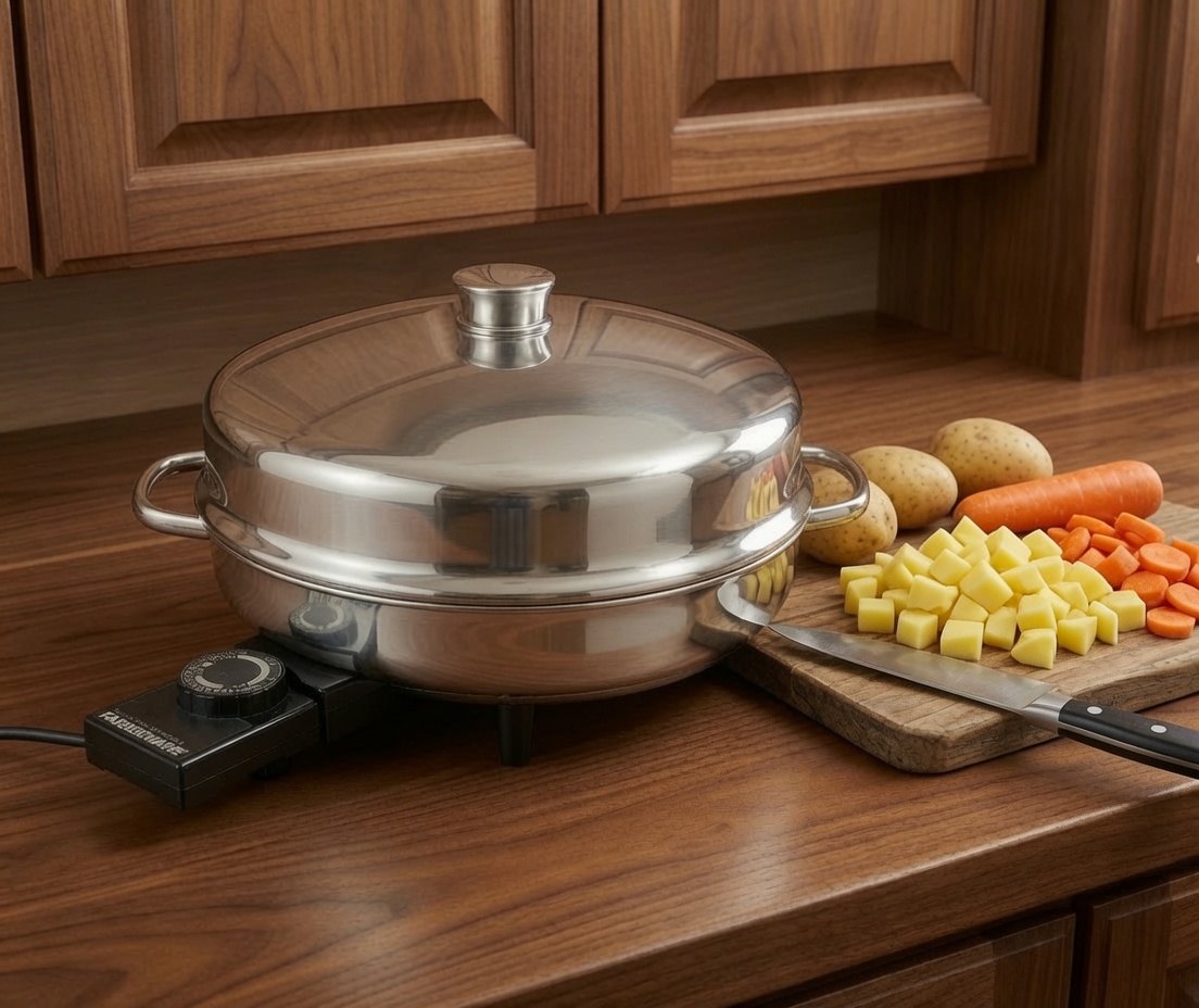 Stainless electric skillet with a domed lid and thermostat control on a kitchen counter