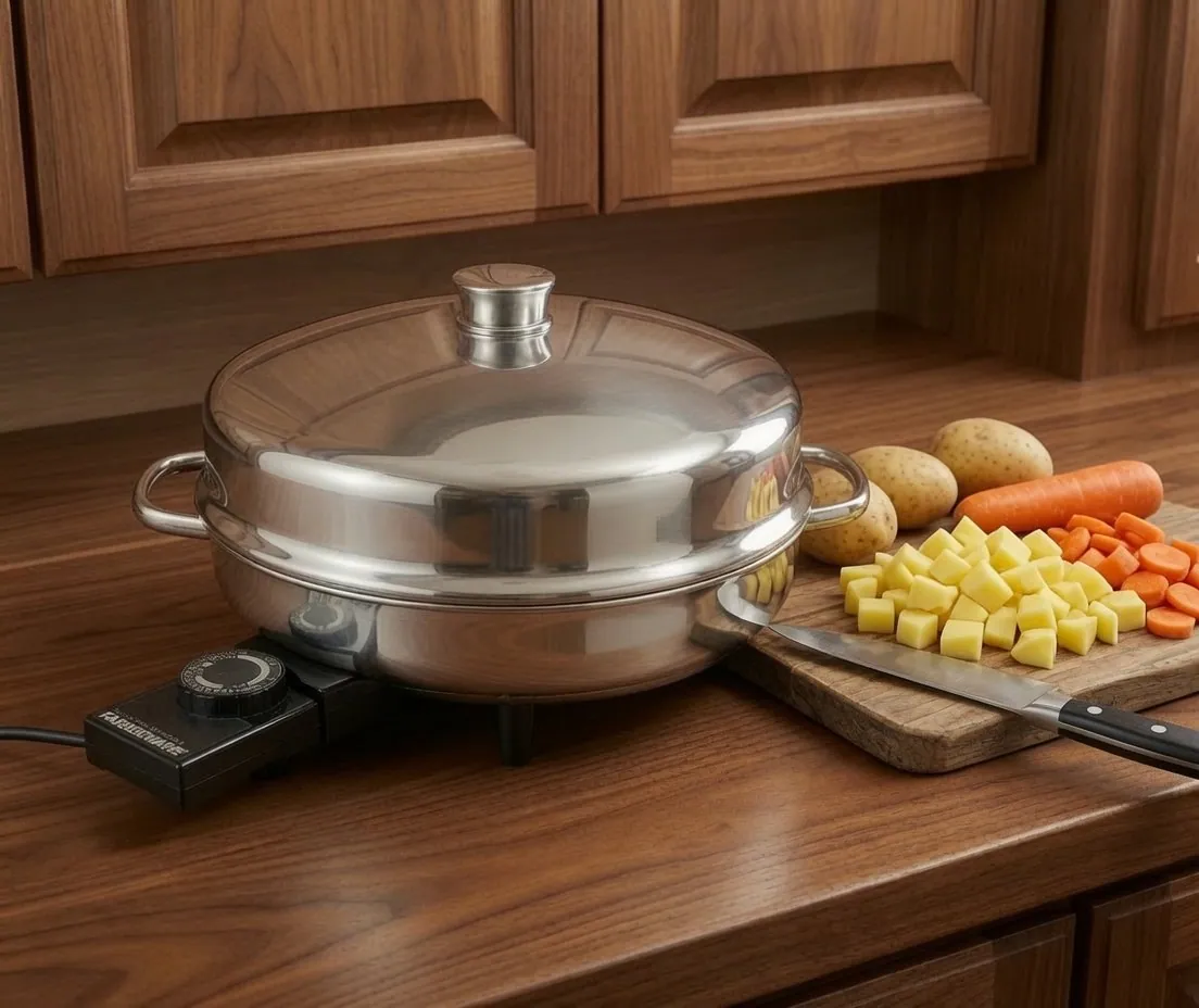 Stainless electric skillet with a domed lid and thermostat control on a kitchen counter