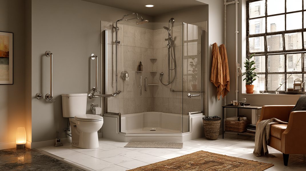 Accessible bathroom with stainless steel grab bars next to toilet and inside walk-in shower, non-slip mat, night light glowing, comfort-height toilet