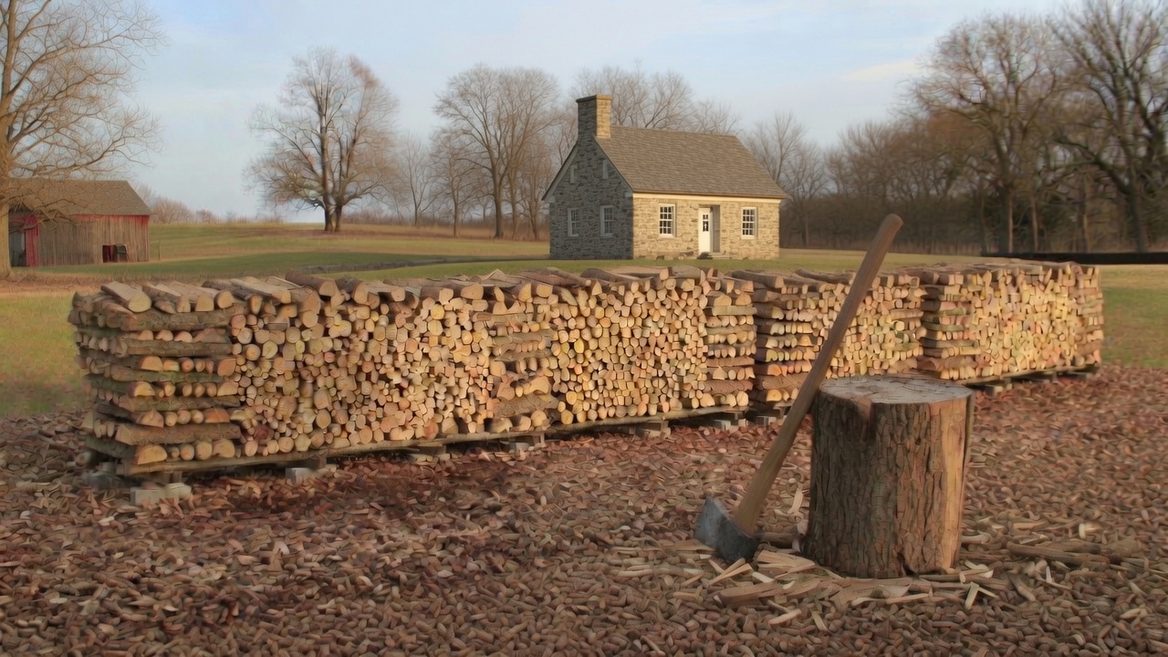 Long low rows of split firewood stacked on pallets in front of an old stone farmhouse in late autumn, with an axe standing in a chopping block and wood chips covering the ground