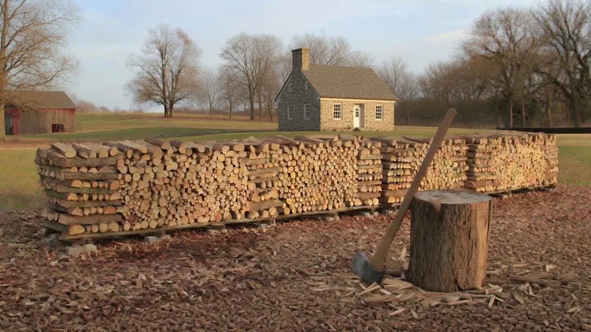 Long low rows of split firewood stacked on pallets in front of an old stone farmhouse in late autumn, with an axe standing in a chopping block and wood chips covering the ground