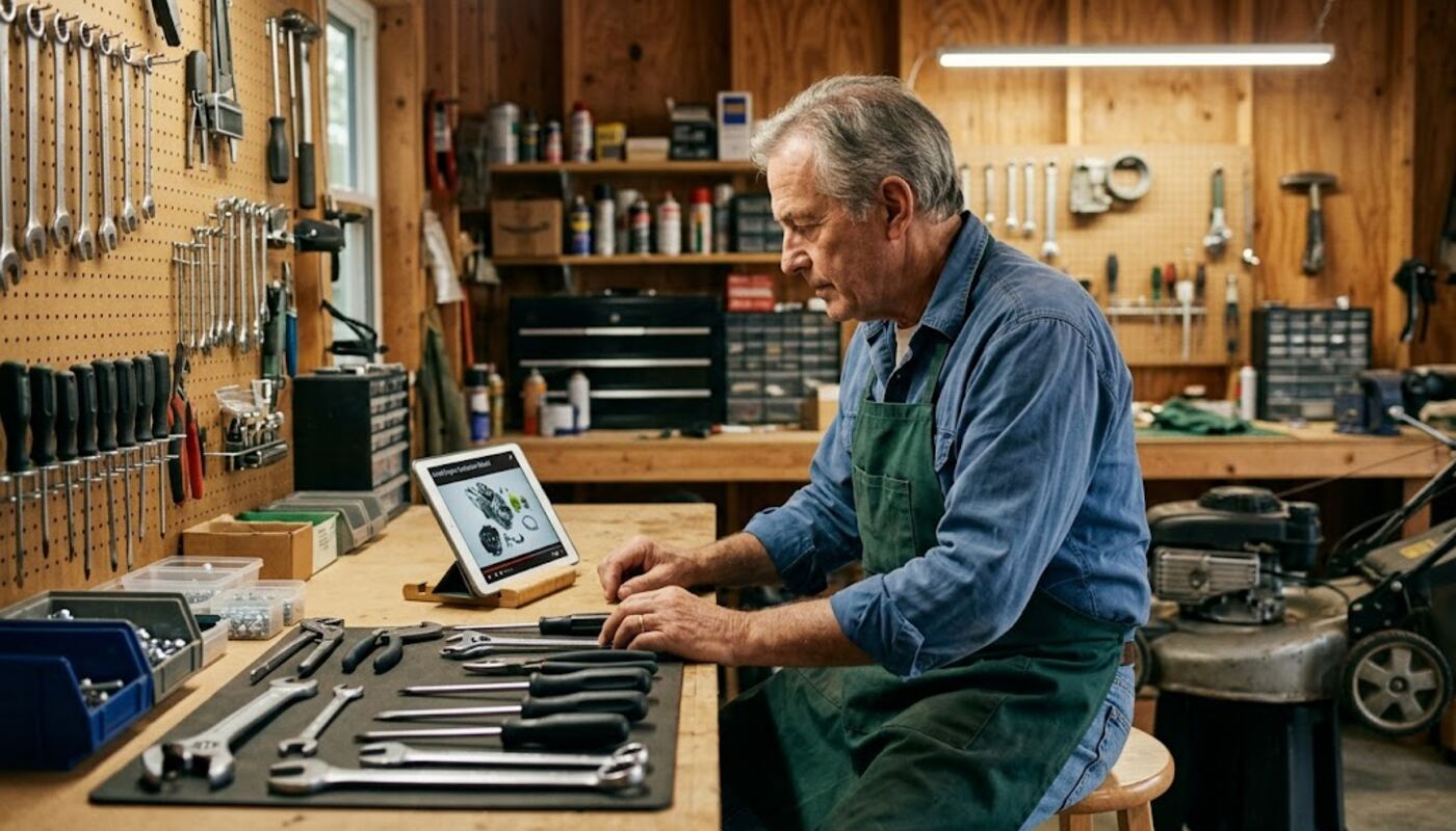 A senior man at a garage workbench watching a repair video on a tablet, tools laid out neatly in front of him