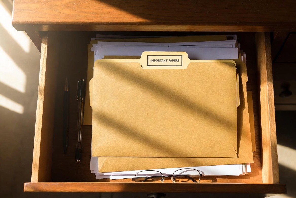 An open desk drawer in morning light holding a single manila folder labelled IMPORTANT PAPERS, with a pen and a pair of reading glasses beside it