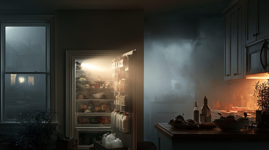 Open refrigerator glowing in a dark kitchen during a power outage, dark neighborhood visible through window