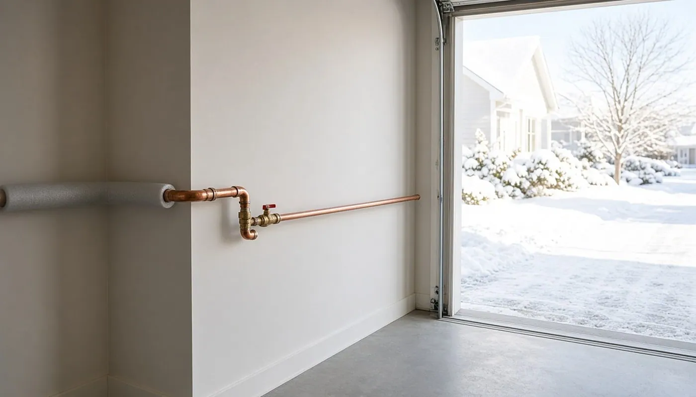 Inside a garage with the door standing open onto a snow-covered driveway on a bright winter day. A copper water line runs along the pale wall at chest height with a shutoff valve and elbow on it, and the far end of the run disappears into grey foam pipe insulation in the shadowed corner
