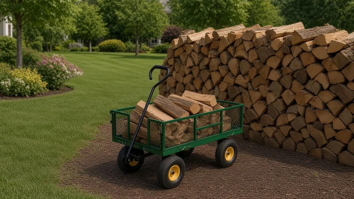 A green steel mesh garden wagon loaded with split firewood on a mulch path, parked beside a large stacked woodpile, with a mown lawn and flower beds behind it