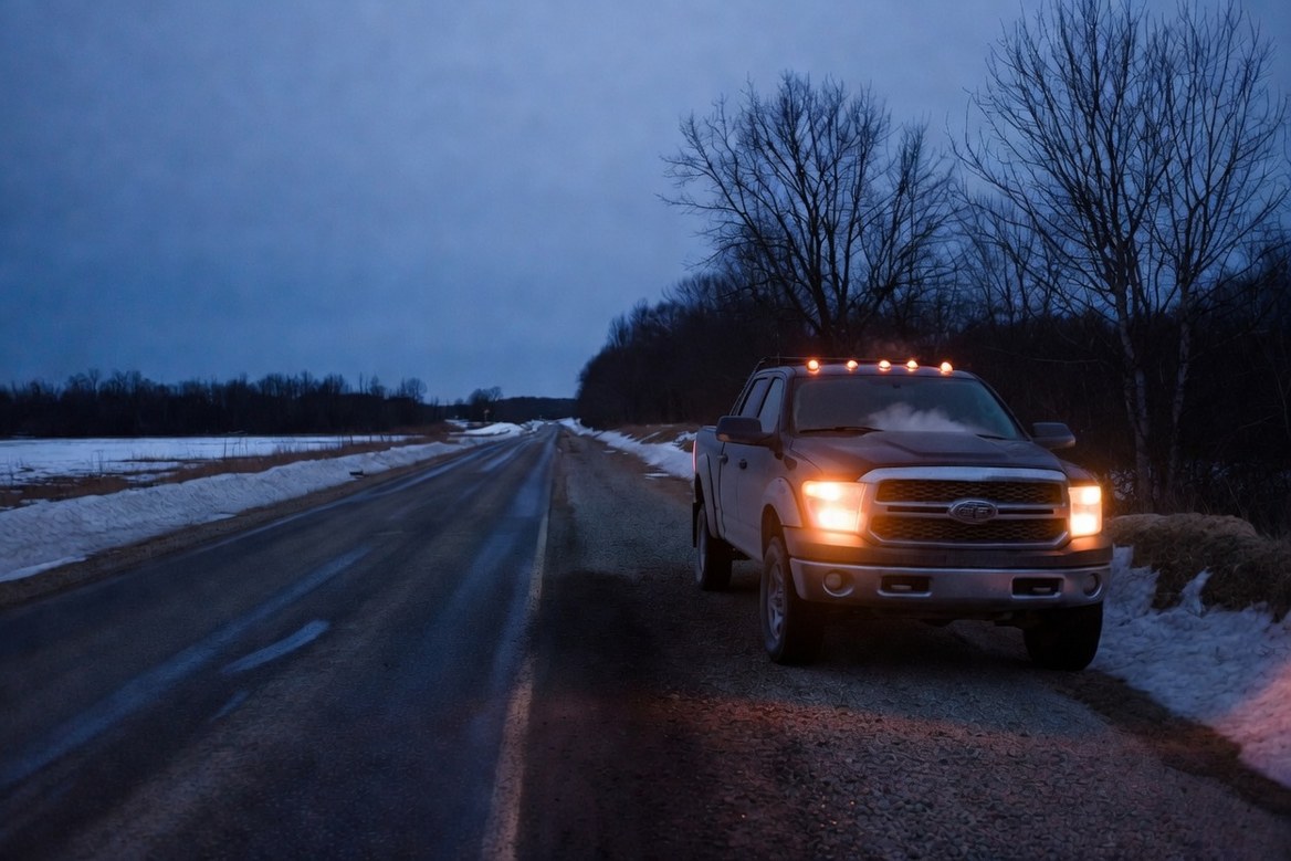 A pickup stopped on the gravel shoulder of an empty rural road at winter dusk, headlights and cab lights lit, a plume of steam rising from the hood, snow in the ditches and no other vehicle anywhere in sight
