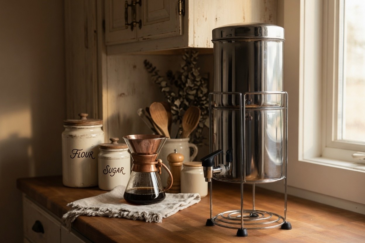 A polished stainless steel gravity water filter standing on a wire stand on a wooden kitchen counter beside a sunlit window, with flour and sugar canisters and a glass pour-over coffee carafe alongside it