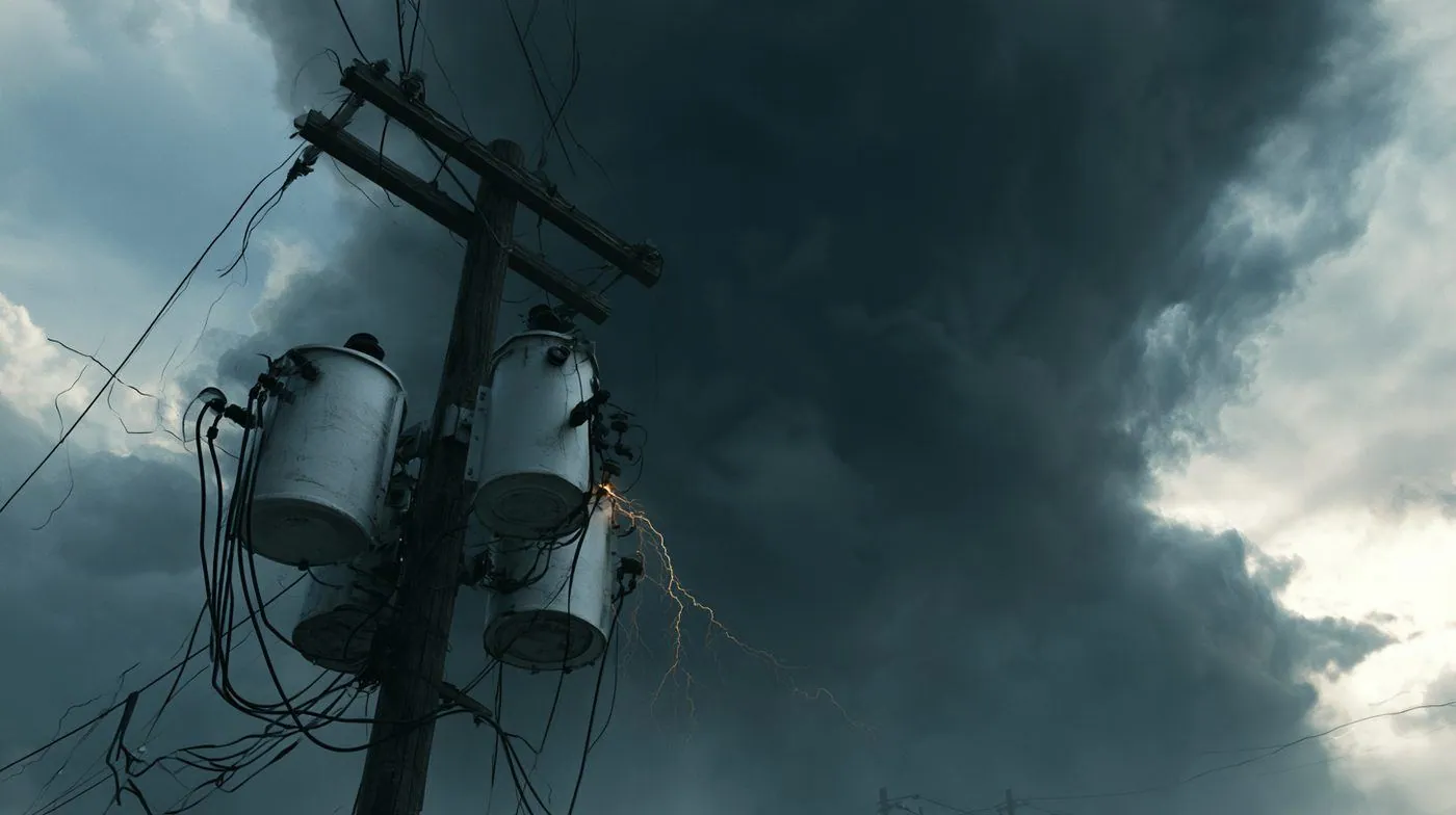 Gray cylindrical electrical transformers on a utility pole against a dark stormy sky with electrical arcing