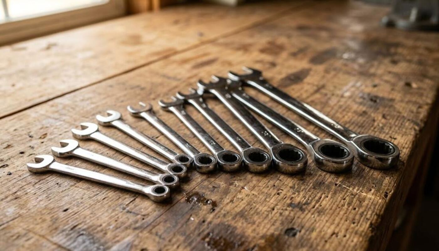 A set of chrome ratcheting combination wrenches fanned out on a rustic wooden workbench