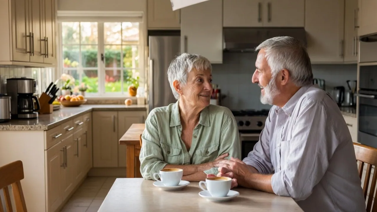 An older couple sitting at a kitchen table in warm afternoon light, talking easily over two cups of coffee, a garden window behind them