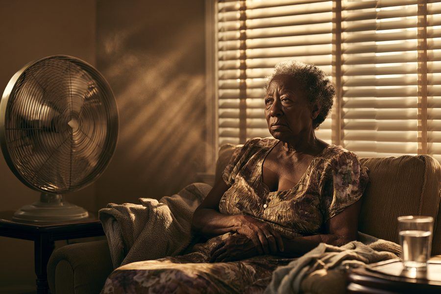 Elderly woman sitting in a hot living room with a fan and heat rays through window blinds during a power outage
