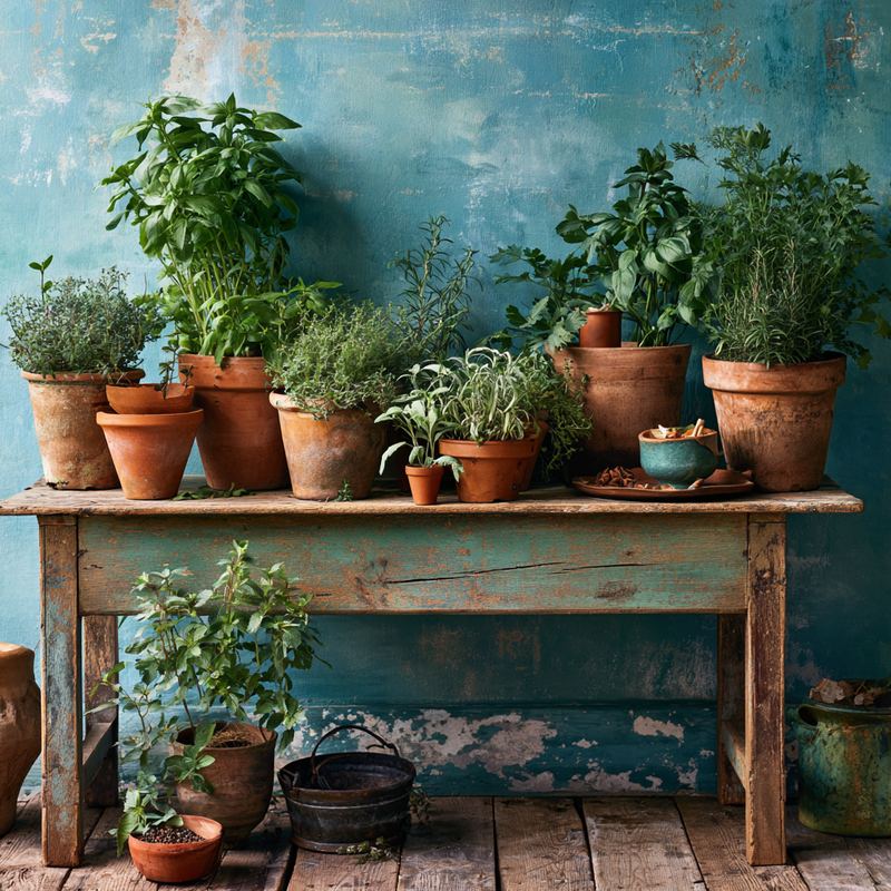 Terracotta herb pots on a weathered wooden bench with mortar and pestle and dried spices