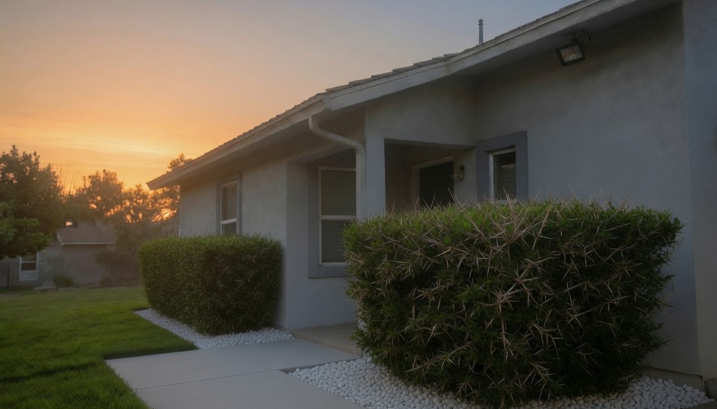 A single-story house at sunset with a motion floodlight under the eave and a dense thorny shrub growing in a bed of pale gravel below the front window
