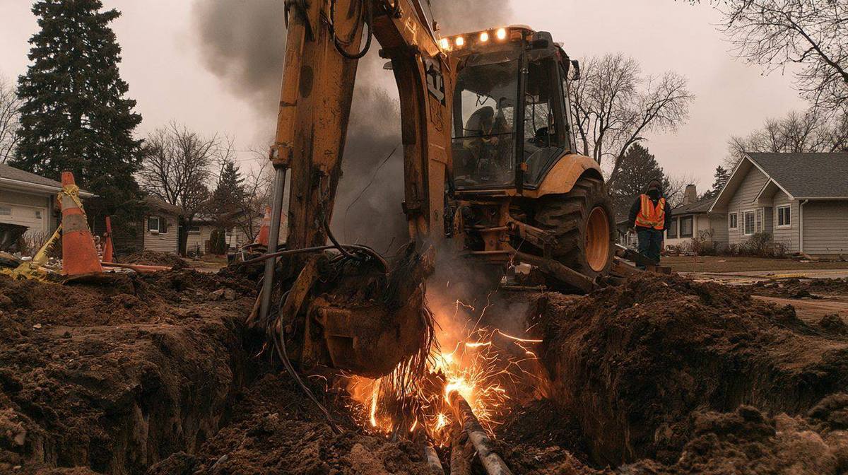 Yellow construction backhoe excavating in a residential neighborhood with sparks flying from a severed underground power cable
