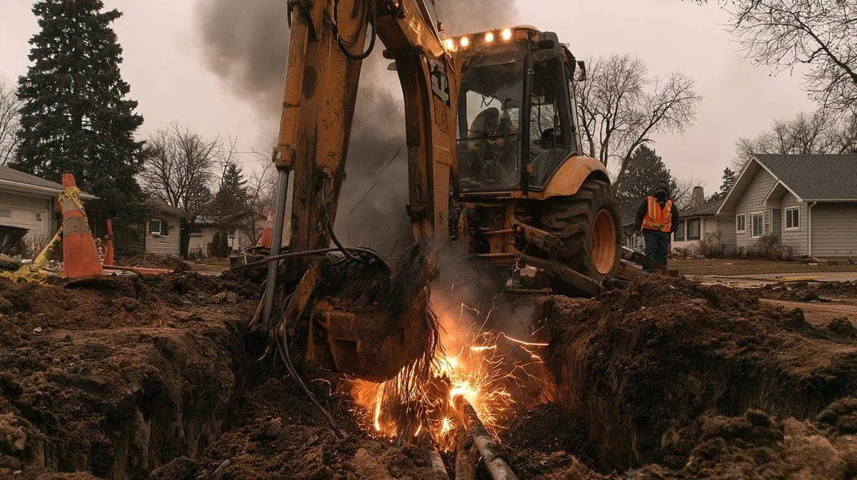 Yellow construction backhoe excavating in a residential neighborhood with sparks flying from a severed underground power cable