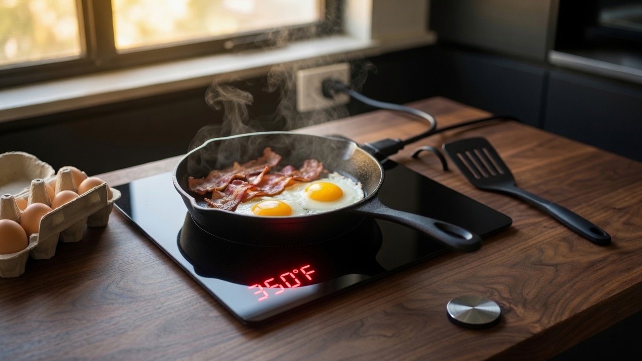 Cast iron skillet of bacon and eggs on a black portable induction burner reading 350 degrees
