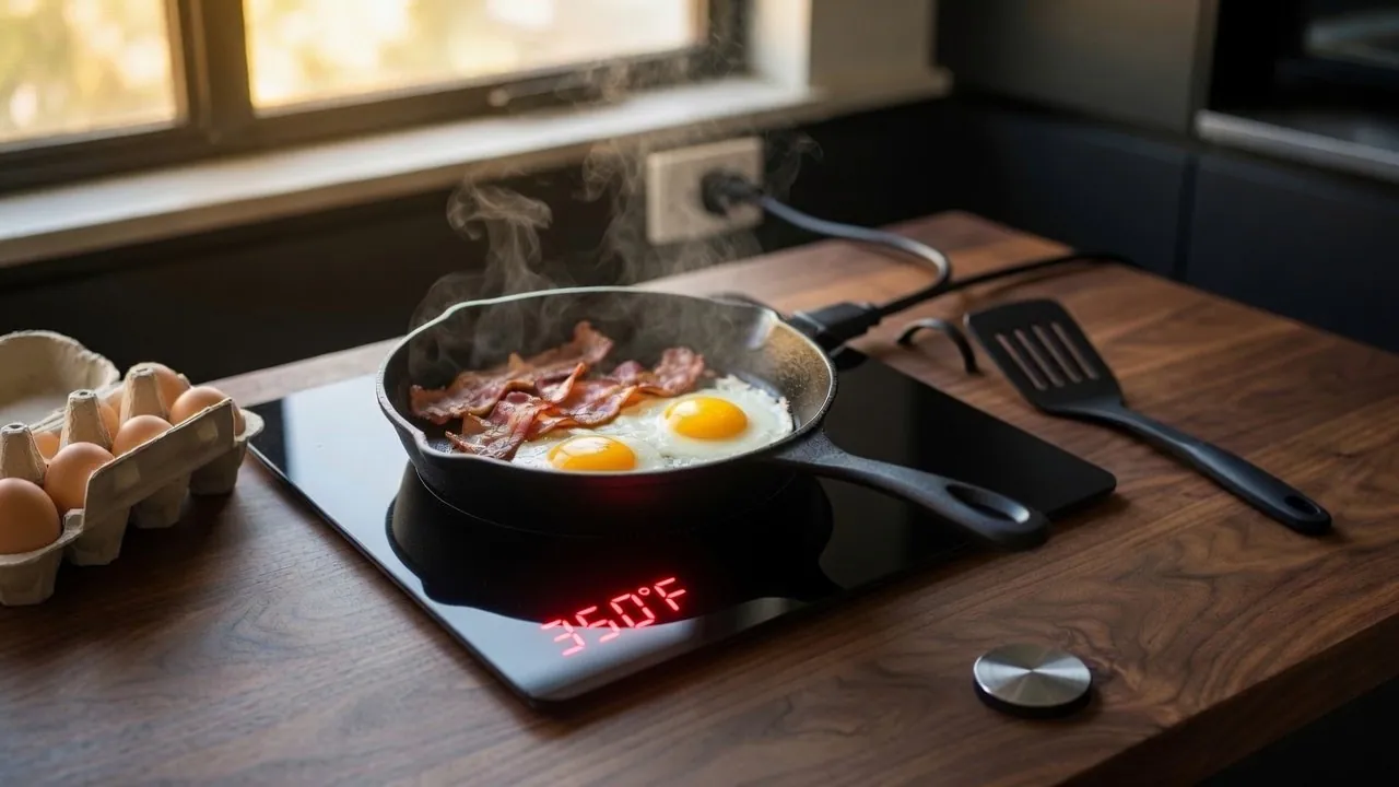 Cast iron skillet of bacon and eggs on a black portable induction burner reading 350 degrees