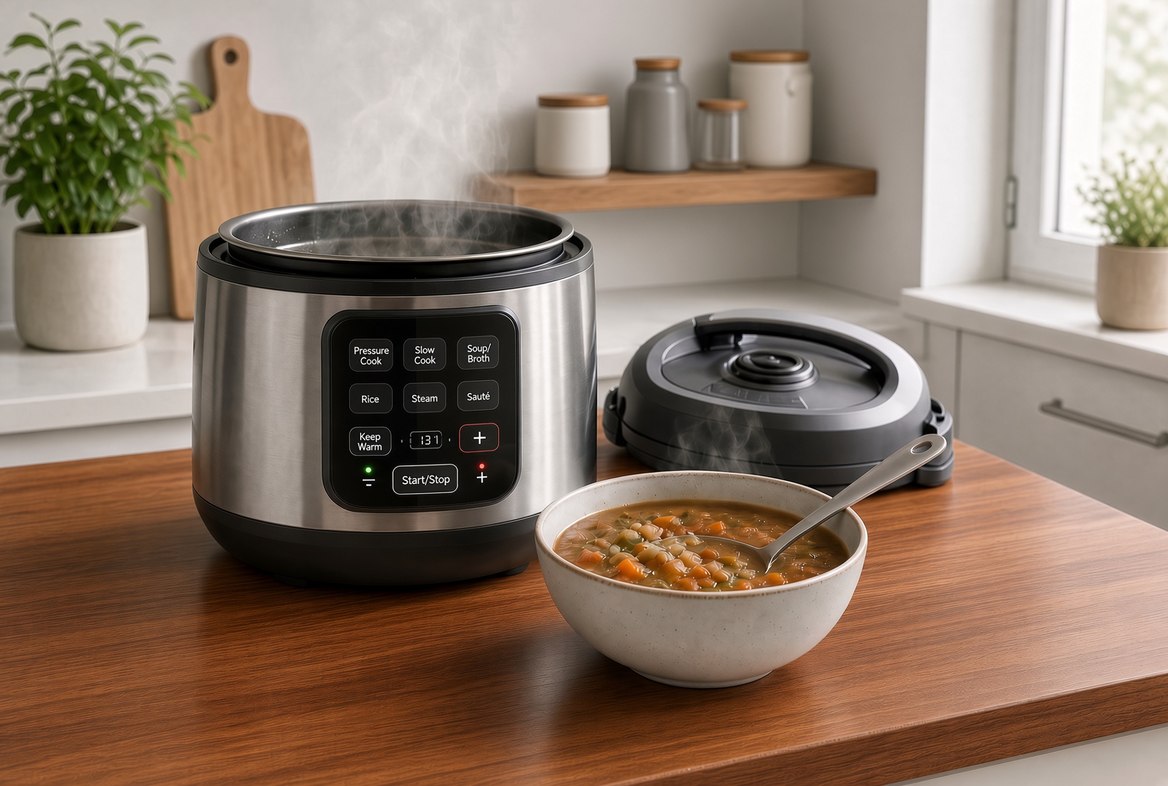 An electric multi-cooker steaming on a kitchen counter with its lid set aside and a filled bowl of soup and spoon in front of it